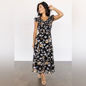 Baltic Born Black Floral Kenna Smocked Midi Dress in Size Medium